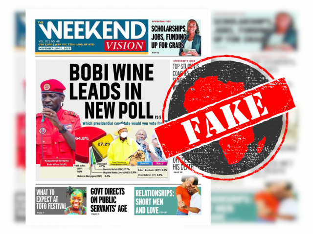 Manipulated newspaper cover falsely claims Ugandan opposition leader Bobi Wine leading president Yoweri Museveni in new poll