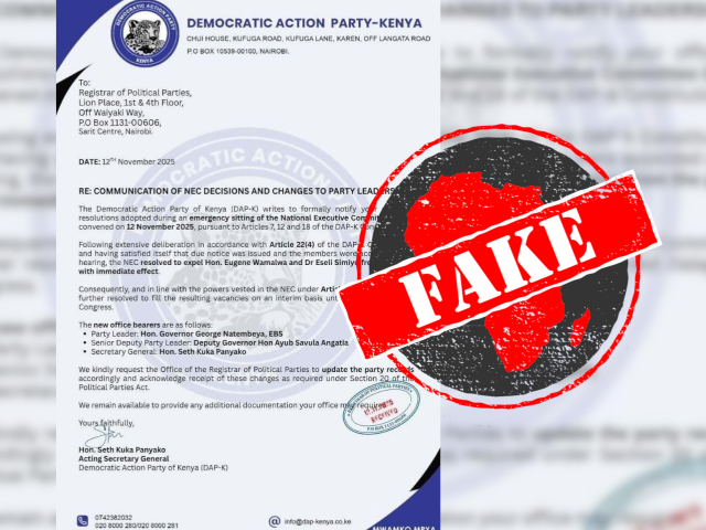No, letter claiming Kenya’s opposition DAP-K party expelled its leaders not genuine